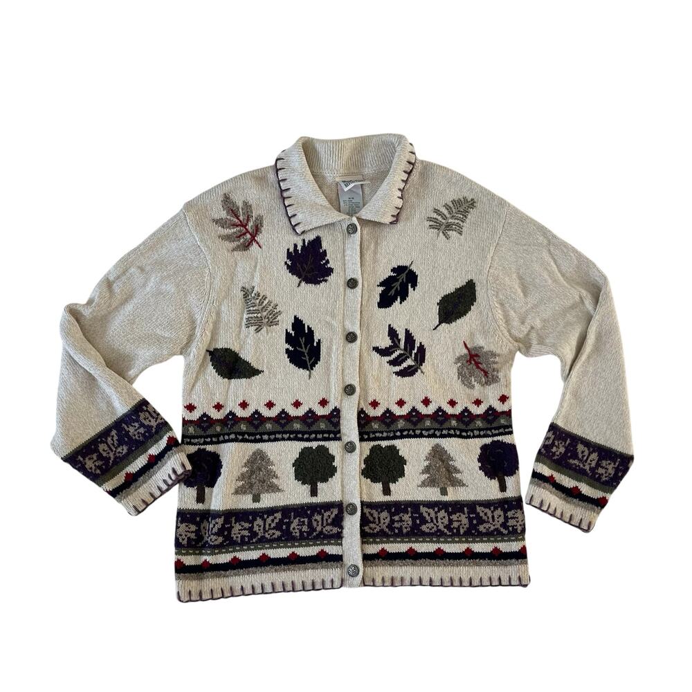 Y2K 2000s Fall Autumn Cardigan Sweater Leaves Trees Sz M Cottagecore